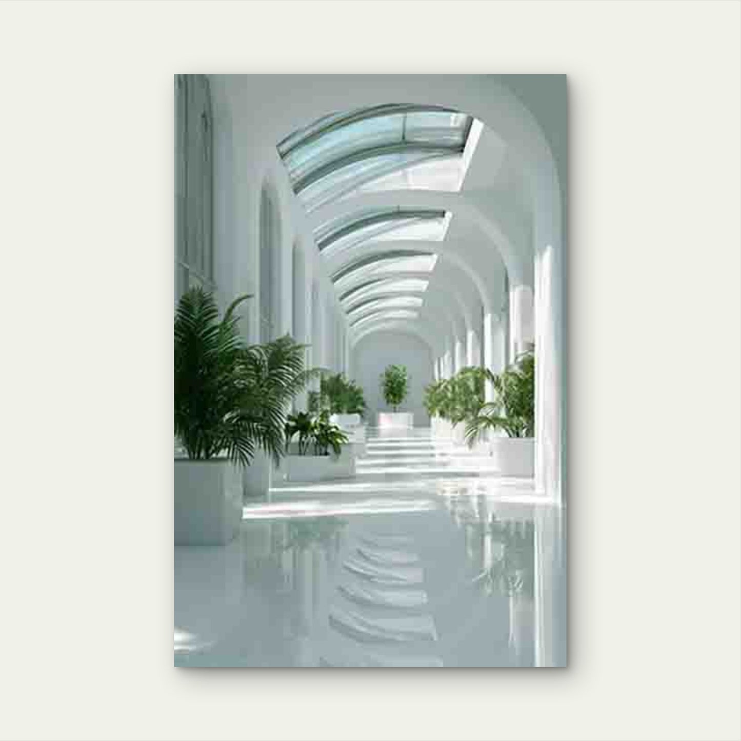 Sunlit White Walls & Plant-Filled Hallway 60x90cm Metal Print Ready to Hang