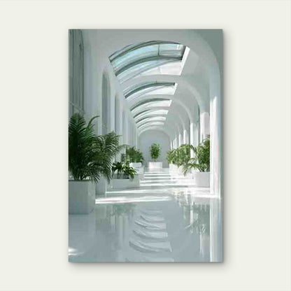 Sunlit White Walls & Plant-Filled Hallway 60x90cm Metal Print Ready to Hang