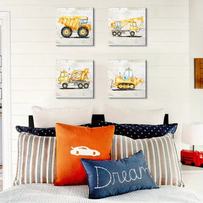 4pcs Truck, Tractor, Digger & Excavator Designs Wall Art Canvas Framed - Bella Home Decor