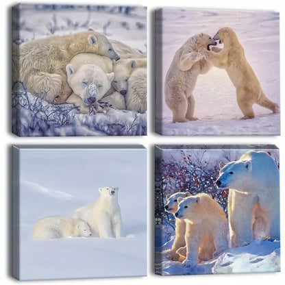 4pcs  Polar Bear Family Picture Paintingg Wall Art Canvas Framed
