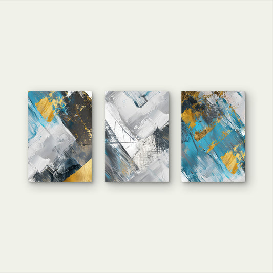 3pcs Blue Grey Gold Textured Abstract Brush Metal Print Ready to Hang Art
