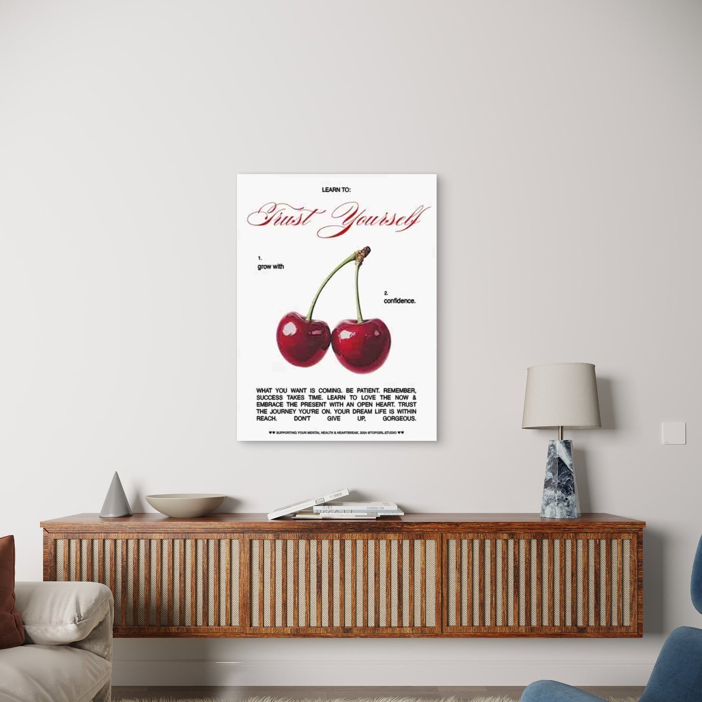 Two Cherries with Learn to Trust Yourself 60x90cm Metal Print Ready to Hang
