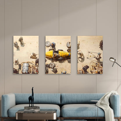 3pcs Vintage Yellow Racing Car Pit Stop Aerial Vie Metal Print Ready to Hang Art