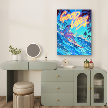 Good Vibes Only Surfing Woman & Tropical Palm Trees Metal Print Ready to Hang