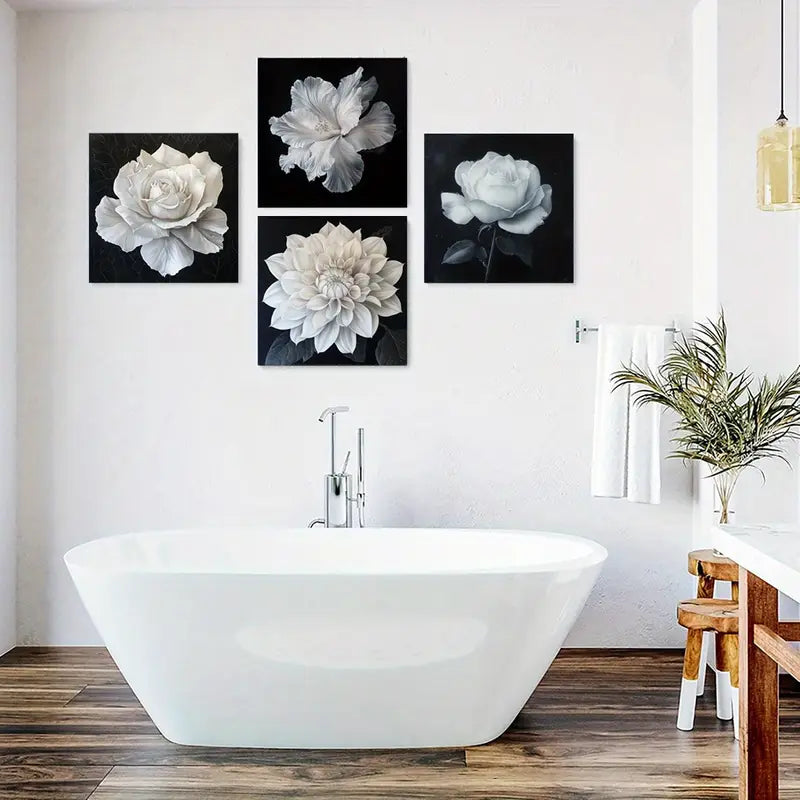 4pcs White Flowers On Black Background Wall Art Canvas Framed