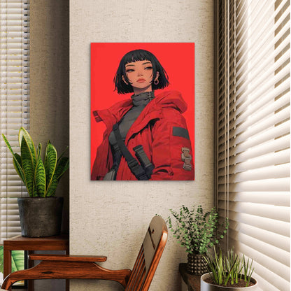 Anime Style Girl With Red Jacket Portrait 60x90cm Metal Print Ready to Hang - Bella Home Decor