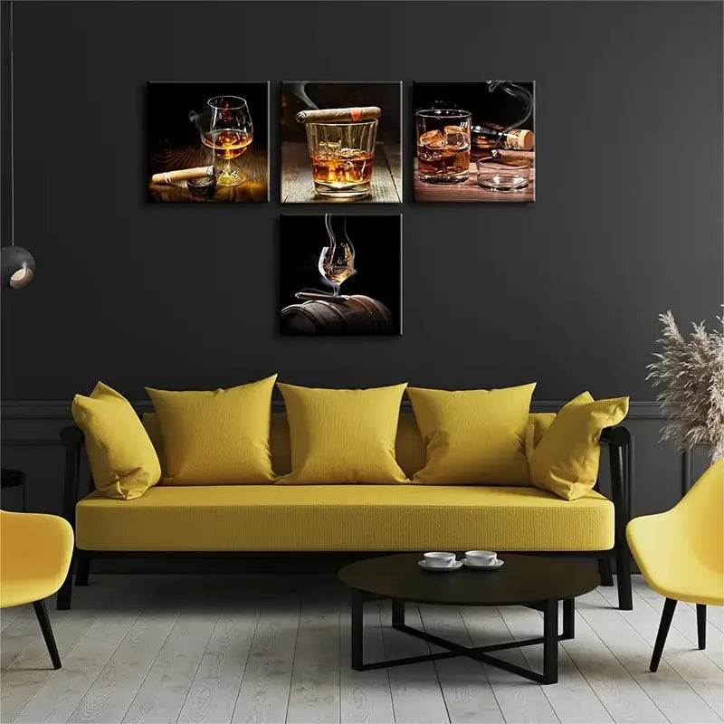 4pcs Cigar Wine Whisky  Wall Art Canvas Framed