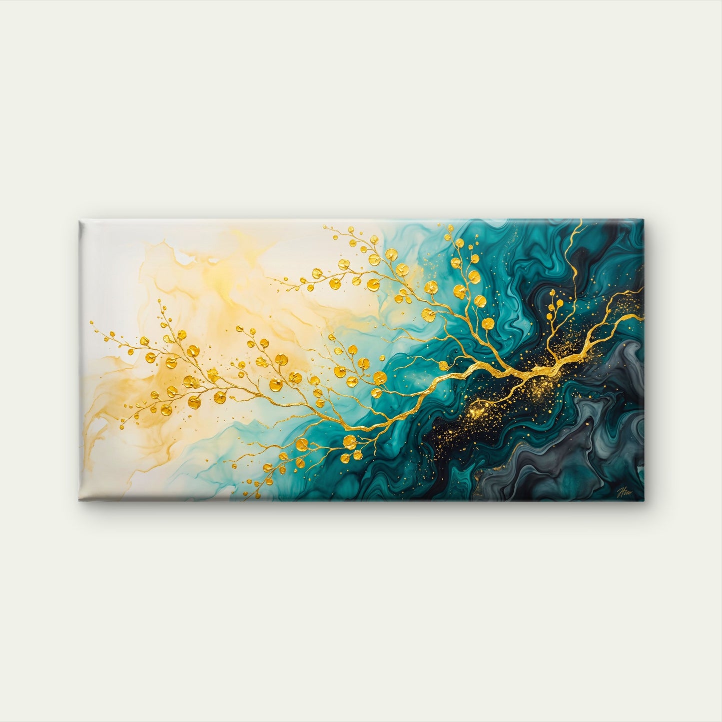 Abstract Gold Branches Teal Fluid Art Swirls Wall Art Canvas Office Home Room Framed 120x60cm