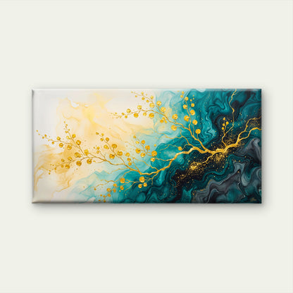 Abstract Gold Branches Teal Fluid Art Swirls Wall Art Canvas Office Home Room Framed 120x60cm