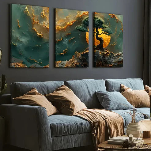 3pcs Abstract Art Style Trees And Mountains Art Smooth Wall Art Set Canvas Unframed - High Quality Print 100% Australian Made Wall Canvas