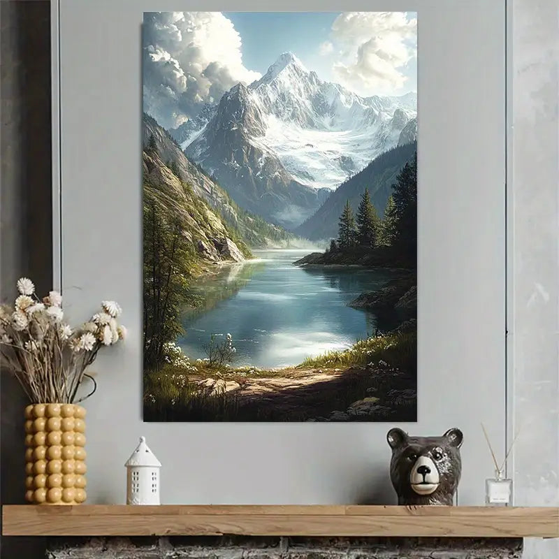 Snowy Mountain Lake Reflection Art Poster 40x60cm Metal Print Ready to Hang