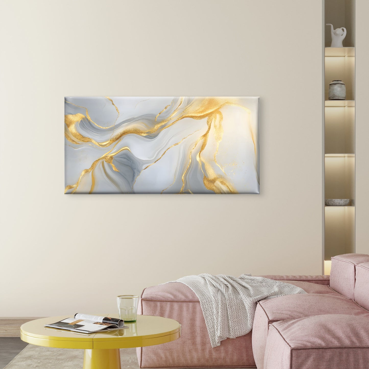 Grey White Gold Flowing Modern Wall Art Canvas Office Home Framed 120x60cm