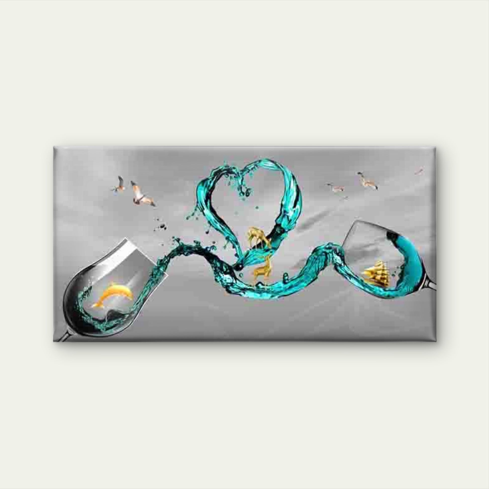 Love Heart Wine Glasses Wall Art Canvas Office Home Room Framed 120x60cm - Bella Home Decor