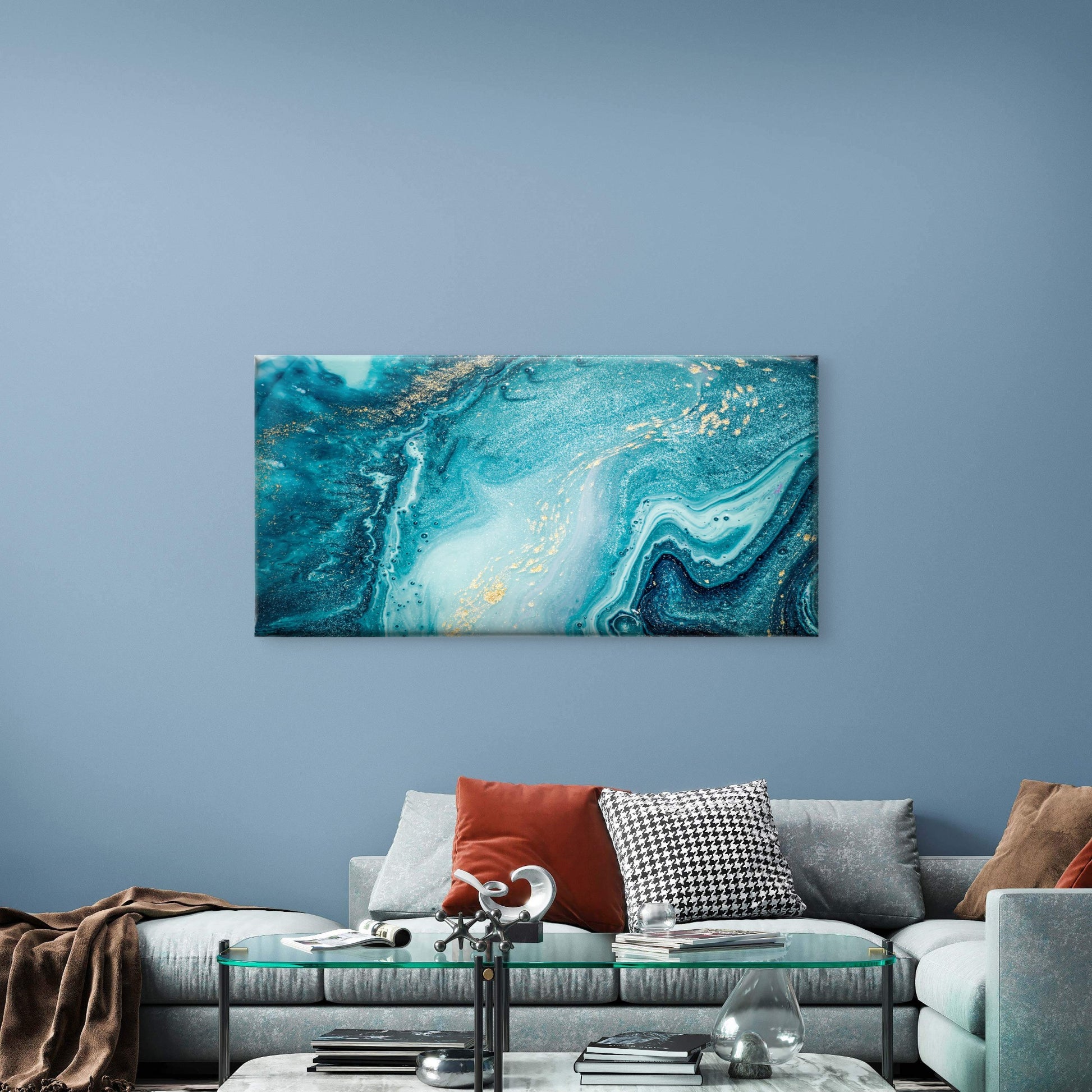Abstract Teal Turquoise Ocean Fluid Wall Art Canvas Office Home Framed 120x60cm