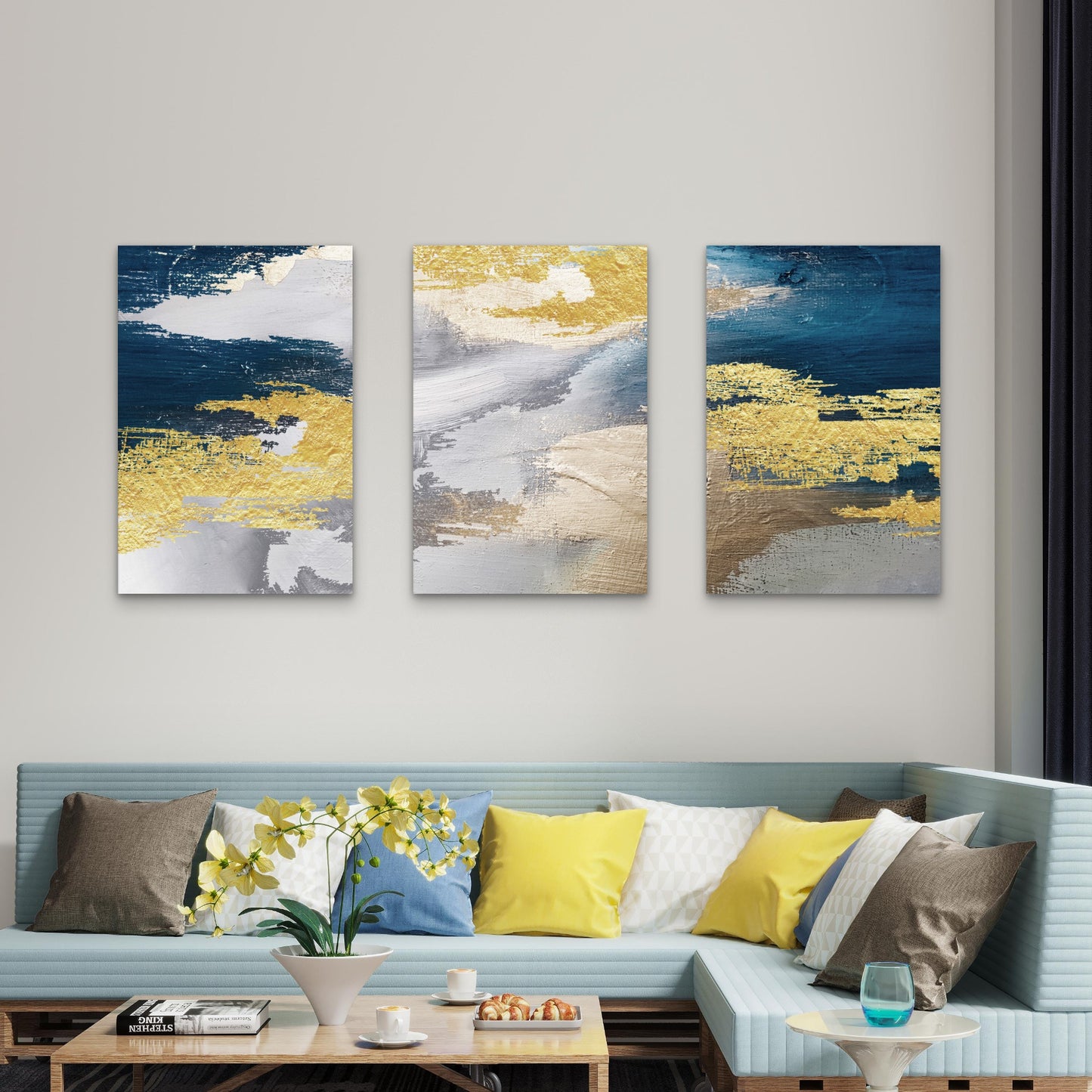 3pcs Navy Blue Gold Foil Abstract Modern  Wall Art Set Canvas Framed 40x60cm - High Quality Print 100% Australian Made Wall Canvas Ready to Hang
