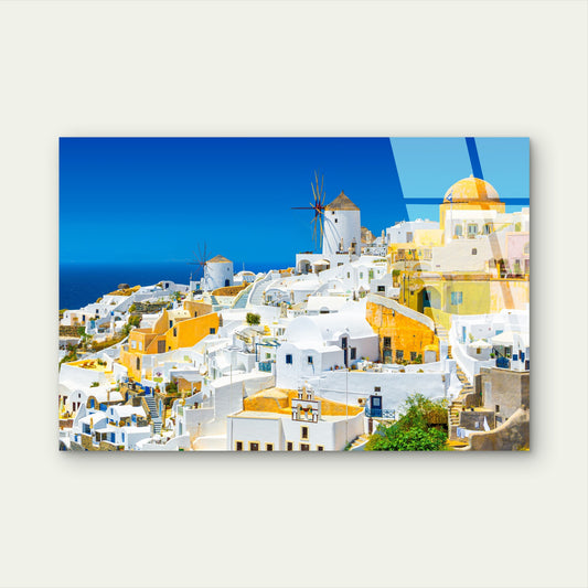 Greek Island Oia White Town Ocean Acrylic Glass Printing Wall Art Australian Made Quality