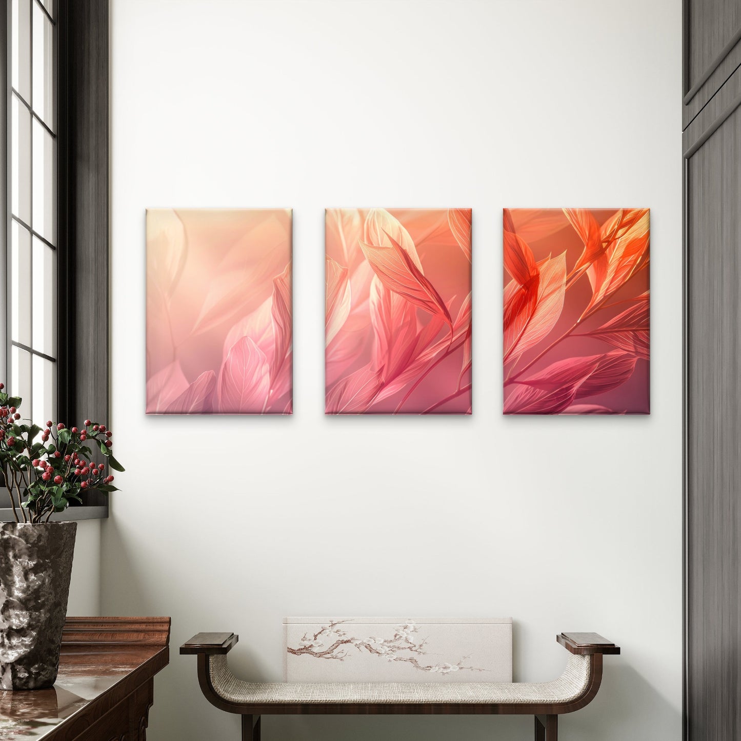 3pcs Pink Orange Soft Luxury Botanical Leaves Wall Art Set Canvas Framed 50x70cm - High Quality Print 100% Australian Made Wall Canvas Ready to Hang