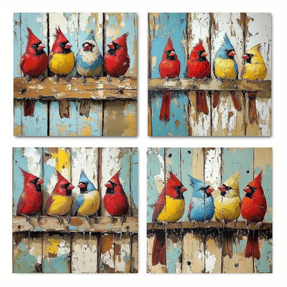 4pcs  Vibrant Cardinal BirdsWall Art Canvas Framed