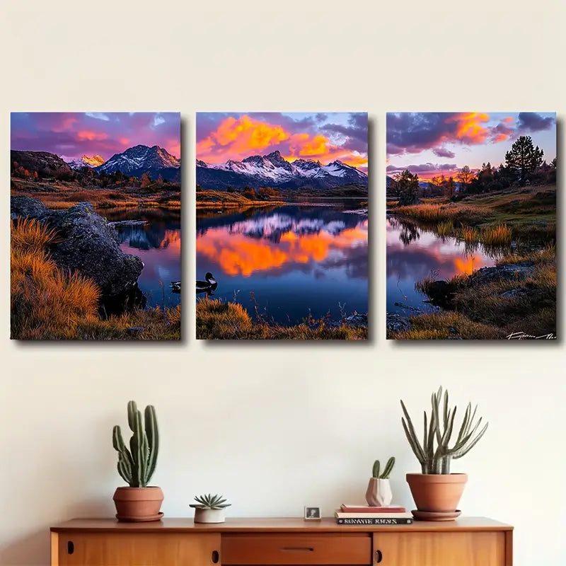 3pcs Mountain Lake Dawn Reflection Wall Art Set Canvas Framed 50x70cm - High Quality Print 100% Australian Made Wall Canvas Ready to Hang