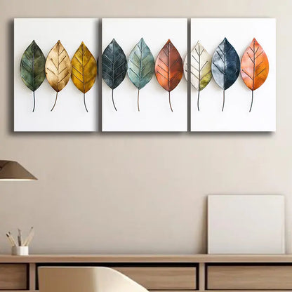 3pcs Metal Leaf Canvas Mural Set Metal Print Ready to Hang Art