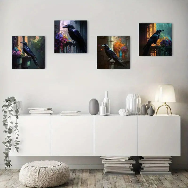 4pcs Painting Black Crow Wall Art Canvas Framed