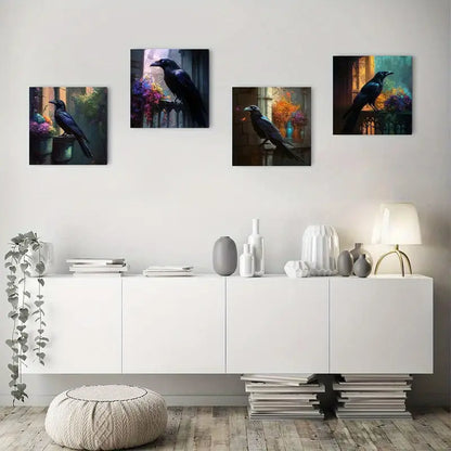 4pcs Painting Black Crow Wall Art Canvas Framed