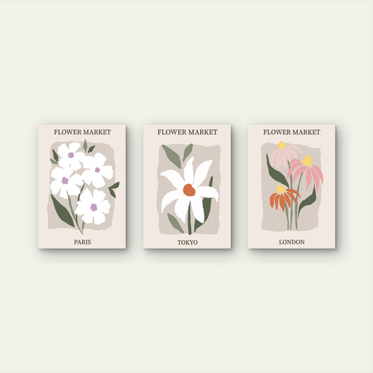 3pcs Flower Market Paris Tokyo London Floral   Wall Art Set Canvas Framed 40x60cm - High Quality Print 100% Australian Made Wall Canvas Ready to Hang