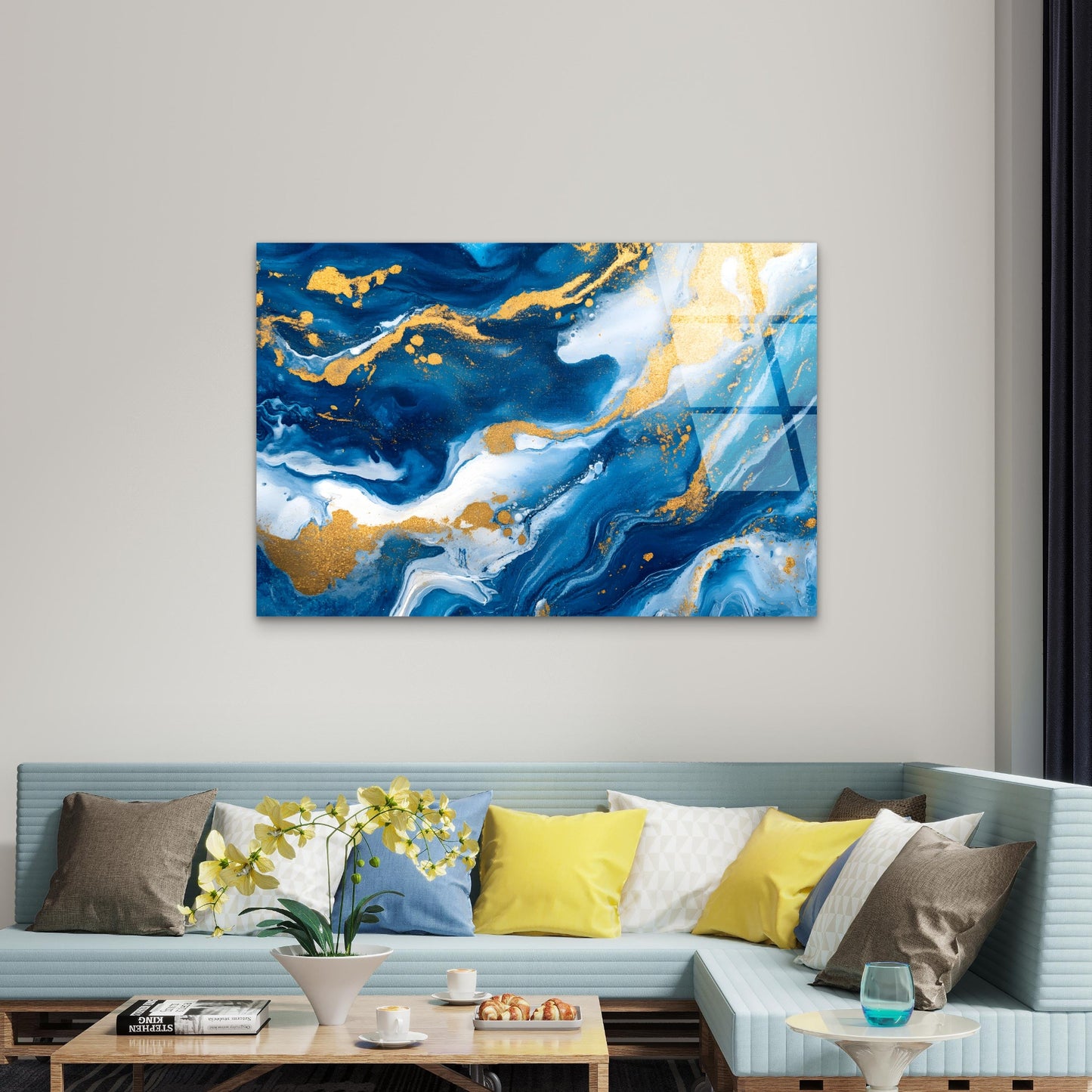 Abstract Blue Marble Fluid Gold Swirl Acrylic Glass Printing Wall Art Australian Made Quality
