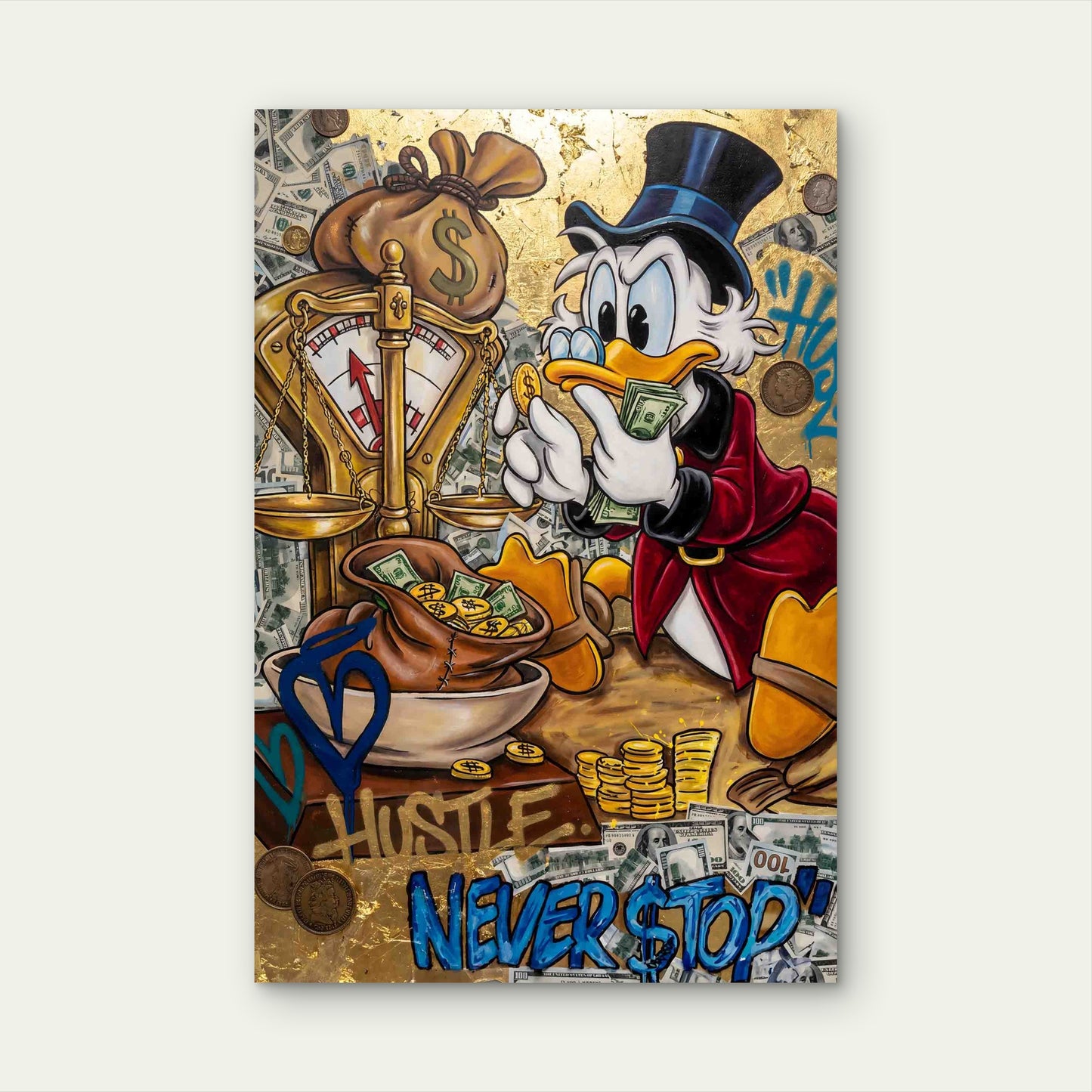Duck Top Hat Money Scales Gold Leaf 60x90cm Metal Print Ready to Hang