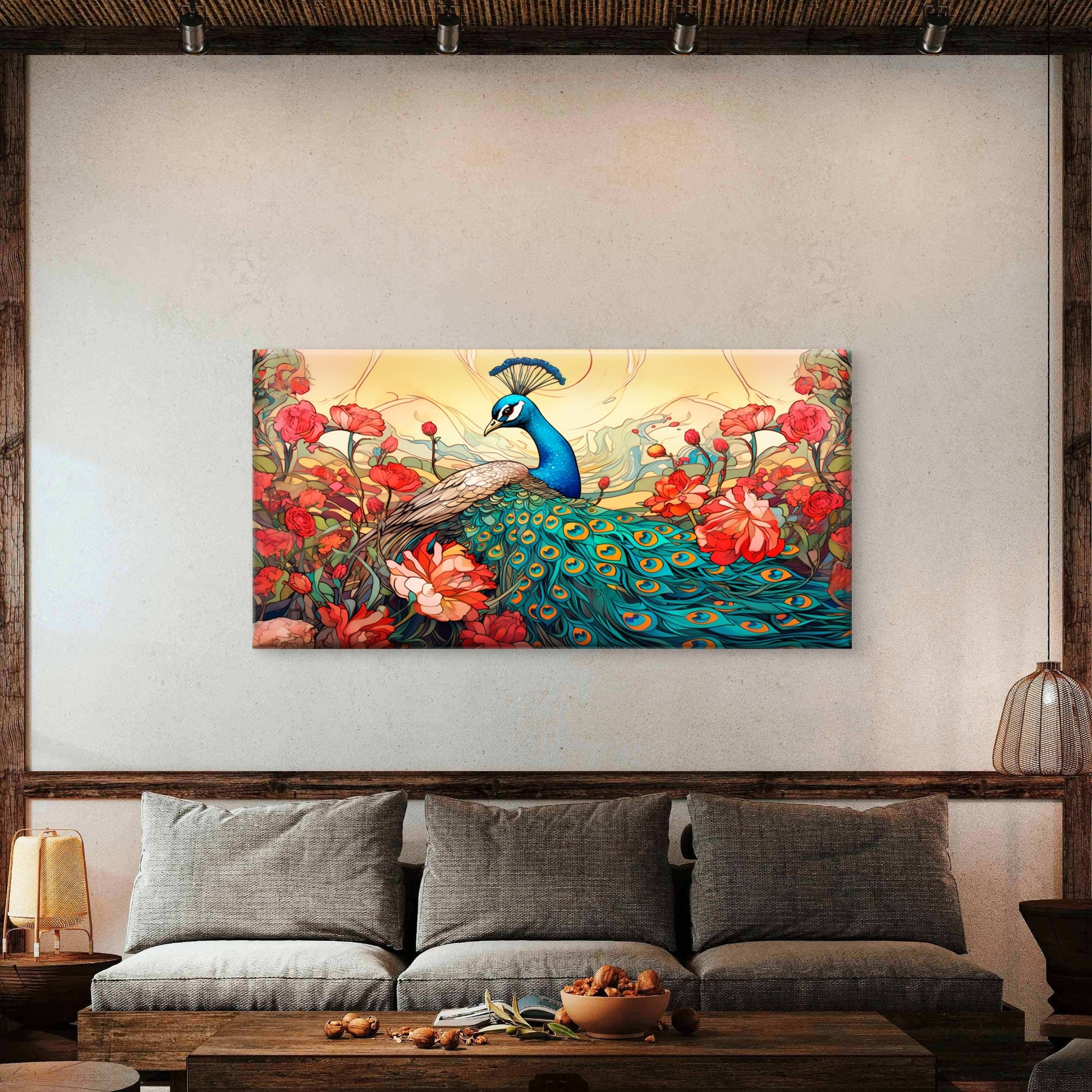 Peacock India Bird Red Flowers Wall Art Canvas Office Home Room Framed 120x60cm