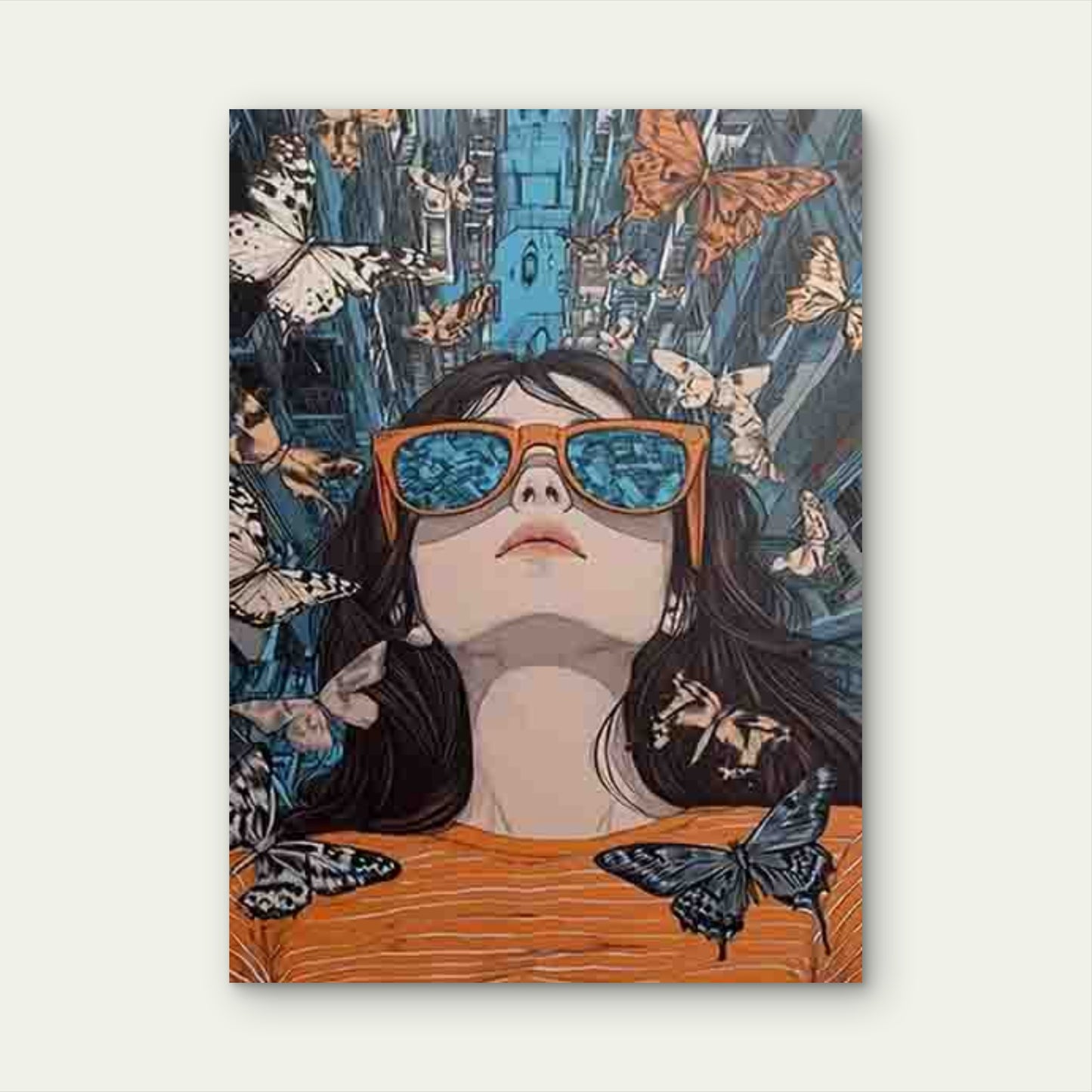 Girl with Orange Glasses and Butterflies Metal Print Ready to Hang - Bella Home Decor