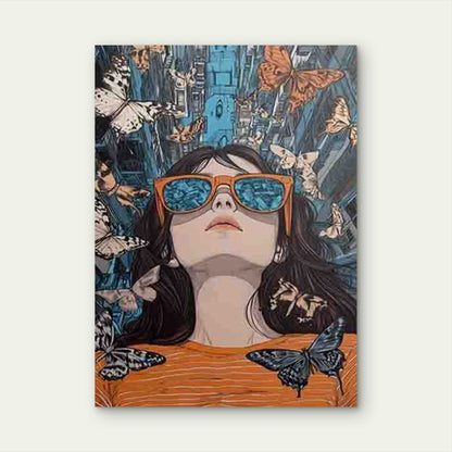 Girl with Orange Glasses and Butterflies Metal Print Ready to Hang - Bella Home Decor