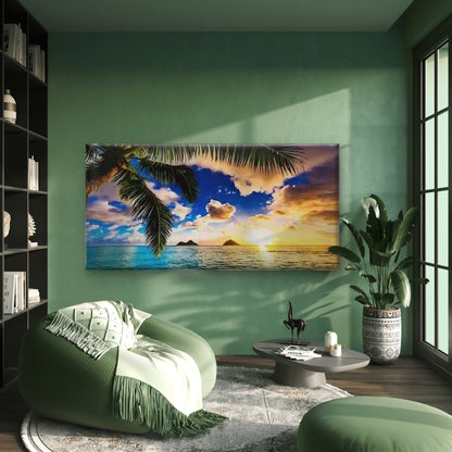 Tropical Beach Sunset Palm Tree Wall Art Canvas Office Home Room Framed 120x60cm - Bella Home Decor