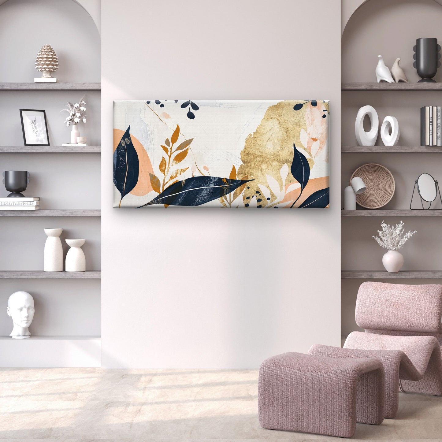 Modern Boho Navy Gold Botanical Wall Art Canvas Office Home Framed 120x60cm