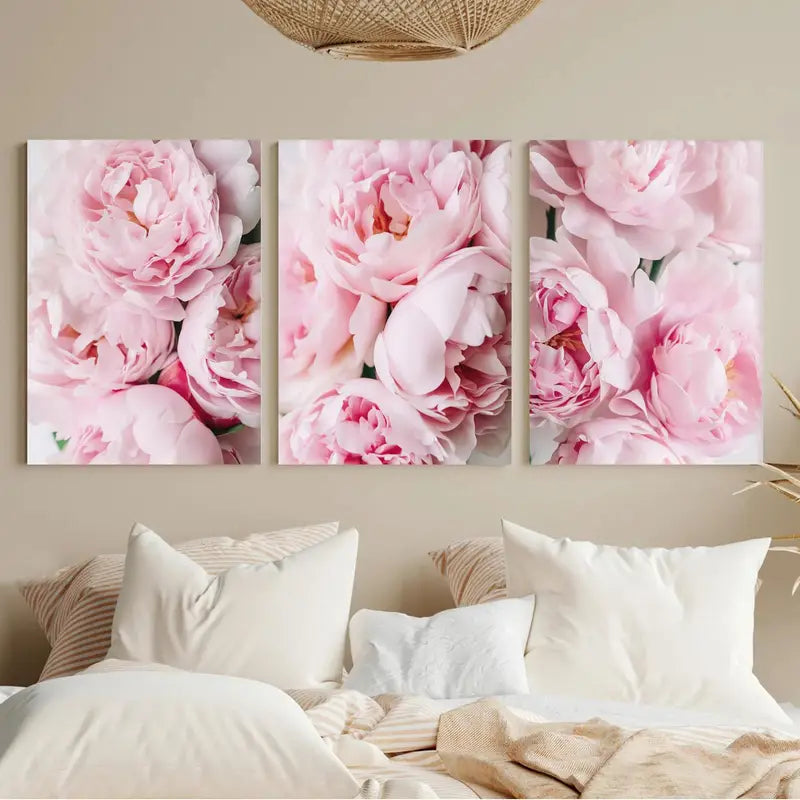 3pcs Peony Wall Art, Blush Pink Metal Print Ready to Hang Art