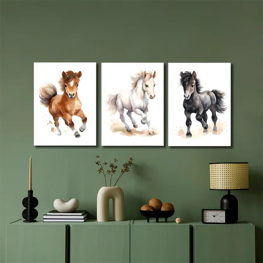 3pcs Cute Horse Pictures Metal Print Ready to Hang Art