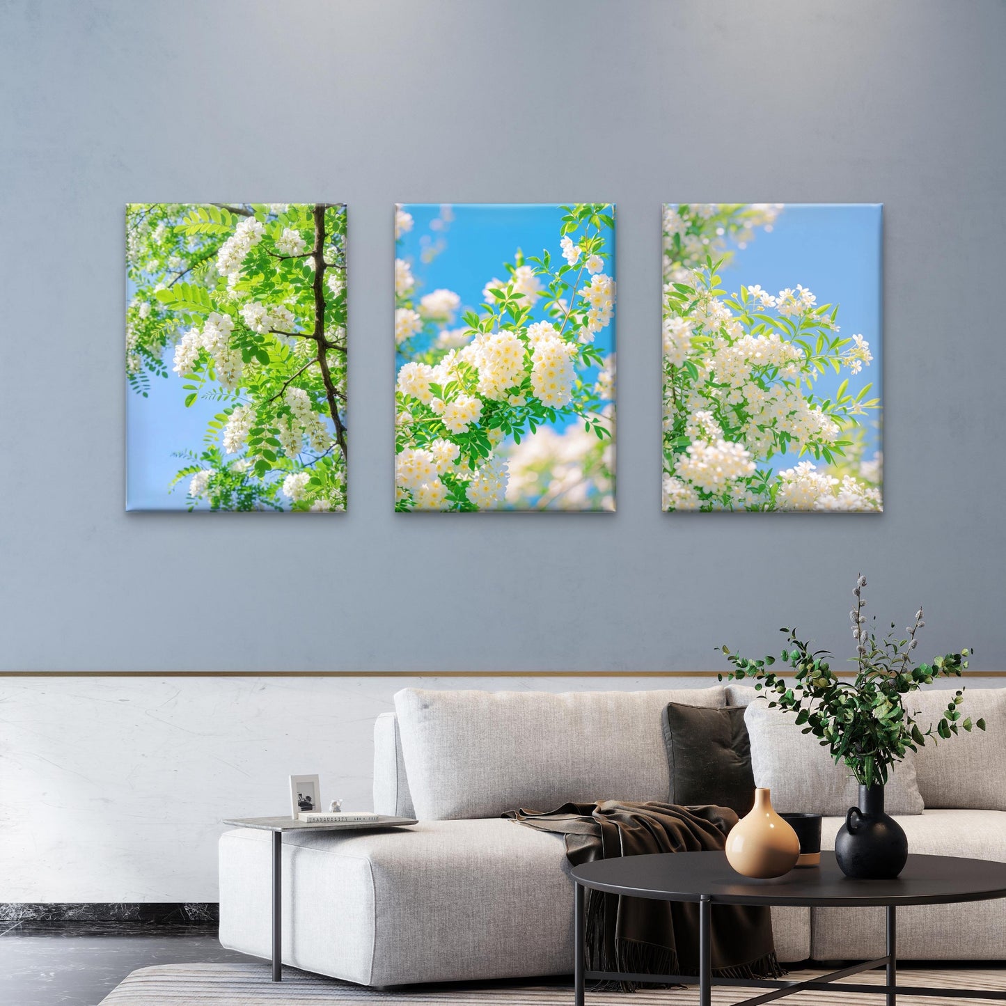 3pcs Bright White Spring Blossom Tree Branch   Wall Art Set Canvas Framed 40x60cm - High Quality Print 100% Australian Made Wall Canvas Ready to Hang
