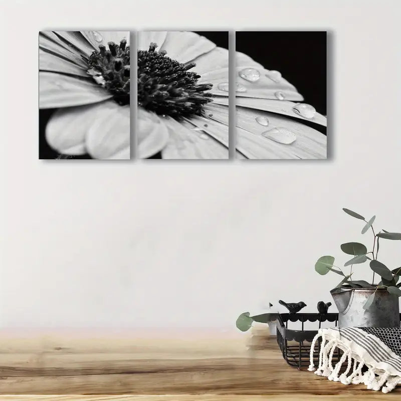 3pcs Black White Daisy With Dew Droplets Canvas Metal Print Ready to Hang Art - Bella Home Decor