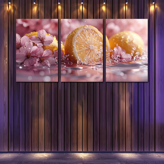 3pcs lemon and cherry blossom in water Wall Art Set Canvas Framed 60x90cm - High Quality Print 100% Australian Made Wall Canvas Ready to Hang