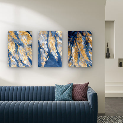3pcs Navy Blue Gold Feather Pattern Print  Wall Art Set Canvas Framed 50x70cm - High Quality Print 100% Australian Made Wall Canvas Ready to Hang