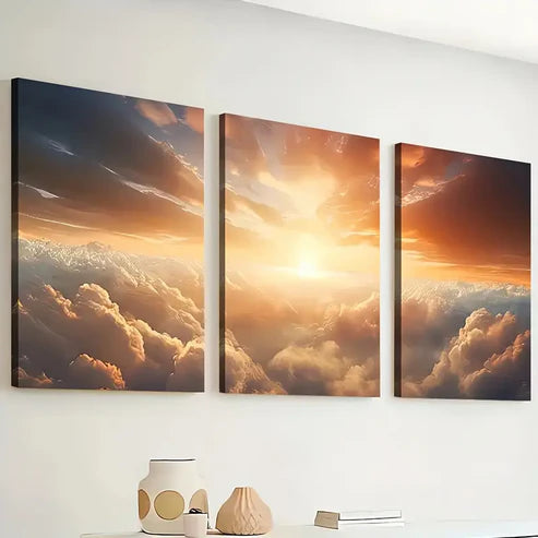 3pcs Modern Sky Cloud Golden Sunrise Wall Art Set Canvas Unframed - High Quality Print 100% Australian Made Wall Canvas