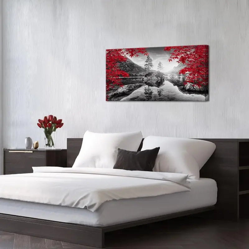 Autumn Forest Black White & Red Wall Art canvas office home room framed 120x60cm - Bella Home Decor