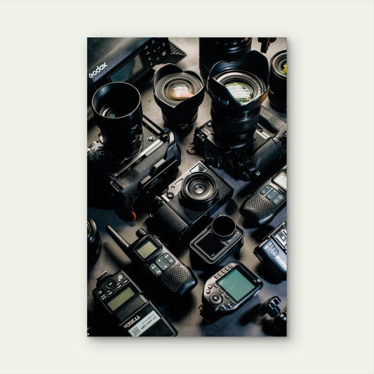 Collection of Camera Equipment and Accessories 40x60cm Metal Print Ready to Hang