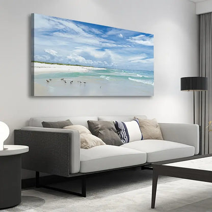 Aqua Ocean Seascape Beach Coastal Seagulls Wall Art canvas office home room framed 120x60cm - Bella Home Decor