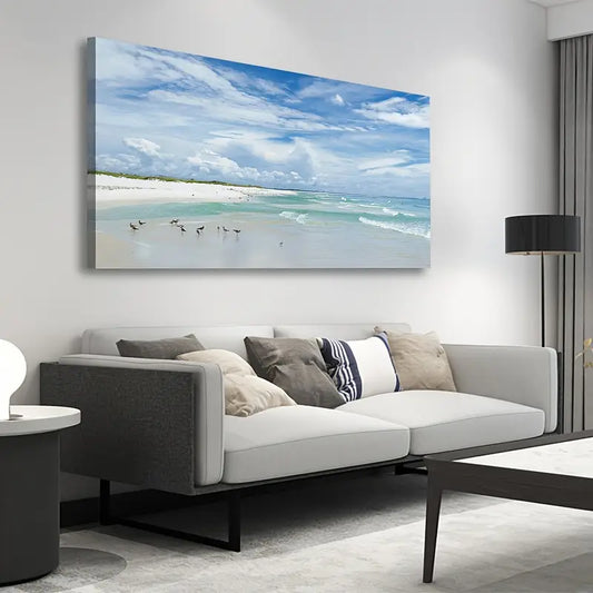 Aqua Ocean Seascape Beach Coastal Seagulls Wall Art canvas office home room framed 120x60cm - Bella Home Decor