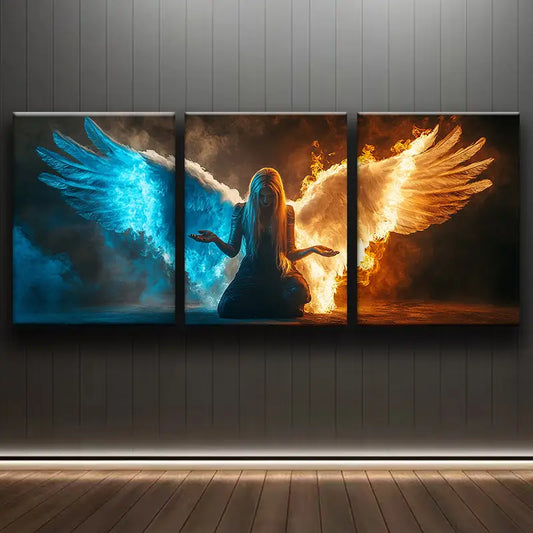3pcs Featuring A Woman With Wings In Blue, Orange Metal Print Ready to Hang Art