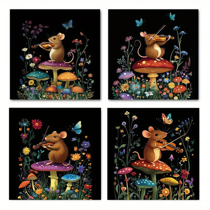 4pcs Playing Violin On Mushroom With Butterflies Wall Art Canvas Framed