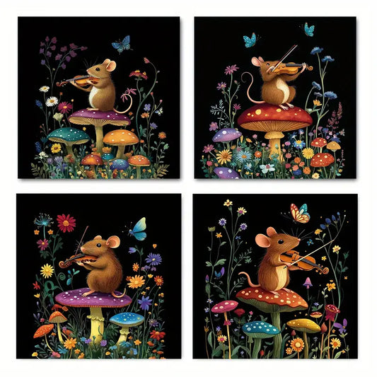 4pcs Playing Violin On Mushroom With Butterflies Wall Art Canvas Framed