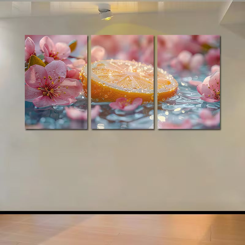 3pcs Sliced lemon in water with Florals Wall Art Set Canvas Framed 50x70cm - High Quality Print 100% Australian Made Wall Canvas Ready to Hang