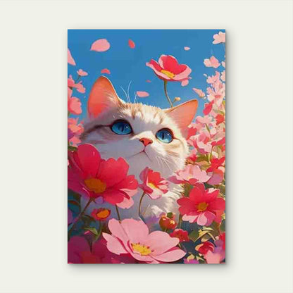 Kitty Among Pink Petals, Metal Print Ready to Hang
